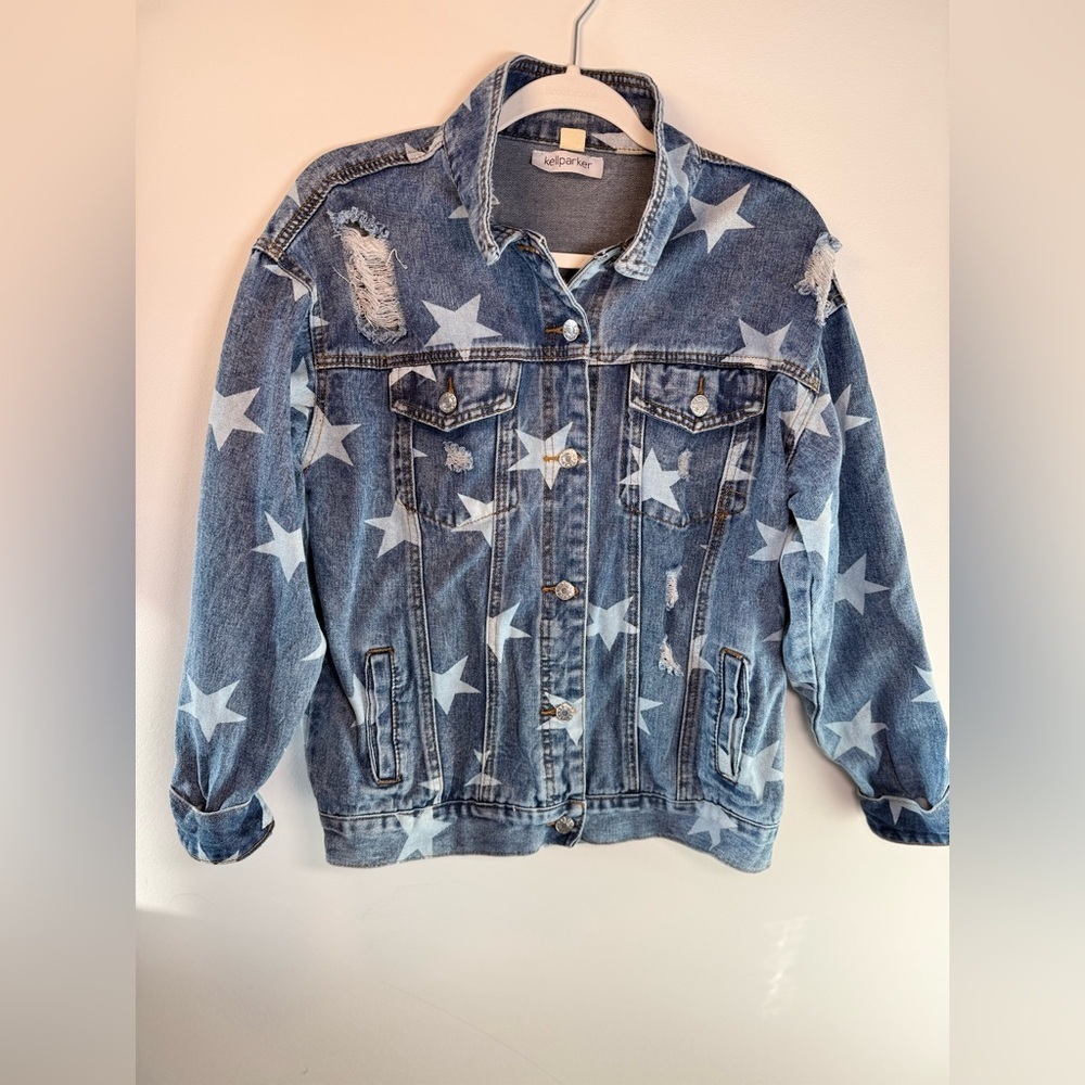 KellParker Womens Distressed Star Blue Denim women Button Jean Jacket size Small